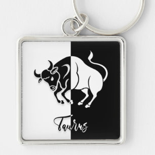 Taurus Zodiac-tecken, svart och vit nyckelkedja Fyrkantig Silverfärgad Nyckelring