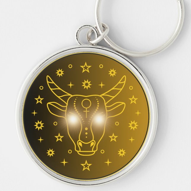 Taurus Zodiak Emblem | Minimalt Celest Symbol Rund Silverfärgad Nyckelring (Framsidan)