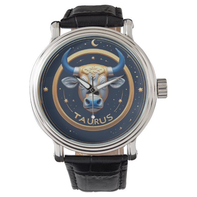 Taurus Zodiak Oxe Emblem Med Guld Ring Armbandsur (Framsida)