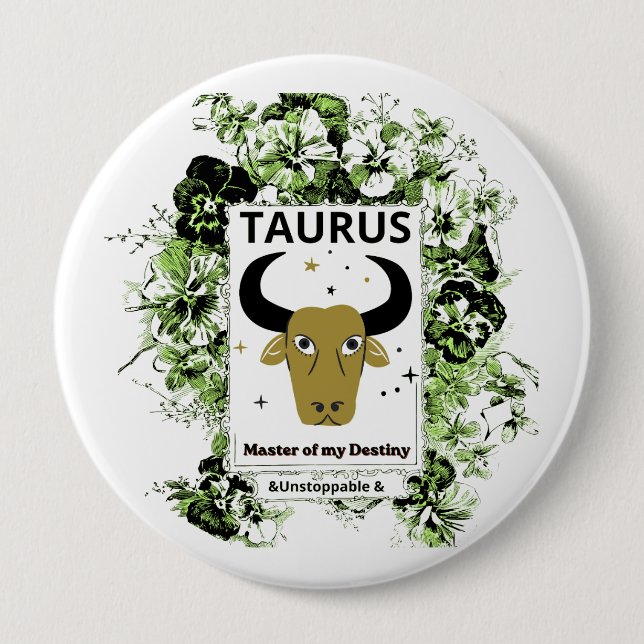 Taurus Zodiakus Ödets Mästare Blommig Konst Knapp (Framsida)