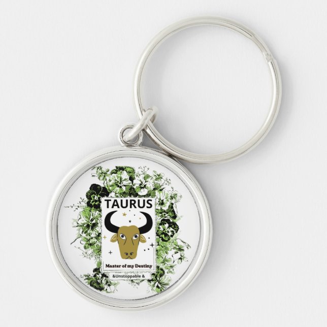 Taurus Zodiakus Ödets Mästare Blommig Konst Rund Silverfärgad Nyckelring (Framsidan)