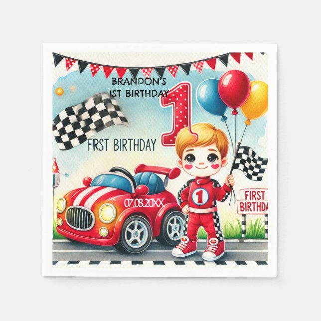 Tävla Car Boy 1st Birthday Party Pappersservett (Framsidan)