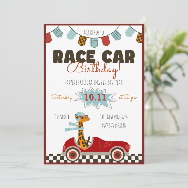 Tävla Car Fast Giraffe Birthday-inbjudan Inbjudningar (Stående Fram)