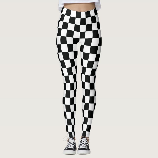 Tävla Checkated Flagga Black White Checker Mönster Leggings (Framsida)
