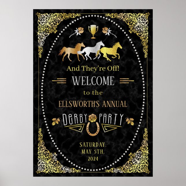 Tävla Derby Day Party Art Deco Black Guld Poster (Framsidan)