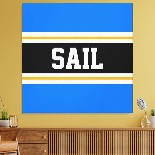 TÄVLA för SAIL Bright Blue Black White Gult Rand Canvastryck (Insitu (Vardagsrum))