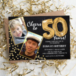 Tavla Guld Ballonger 2 Foto 50:e Födelsedag Inbjudningar<br><div class="desc">Firar BIG 50! Med dessa inbjudningskort kan du ladda upp ett foto före och efter födelsedagskalender i guld ram,  med titeln "Cheers to 50 Years!". Med en rustik kalkbrädesbakgrund,  heliumballonger med guld-nummer,  guld glitter-fickor och en enkel födelsedagsfest som är enkel att anpassa.</div>