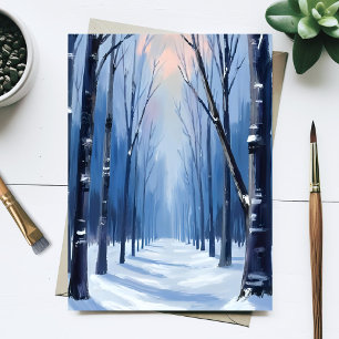 Tavla med akvarellmålning av tallskog vinter skogs vykort
