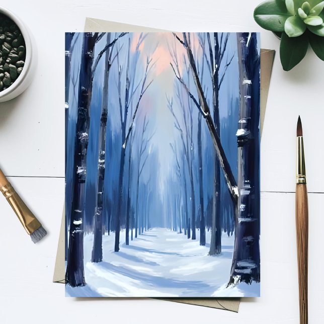 Tavla med akvarellmålning av tallskog vinter skogs vykort (Skapare uppladdad)