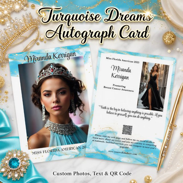 Tävling Autografkort Blå Glitterdesign Spara Datumet (This autograph card features gold glitter and light blue watercolor accents with your photo and text)
