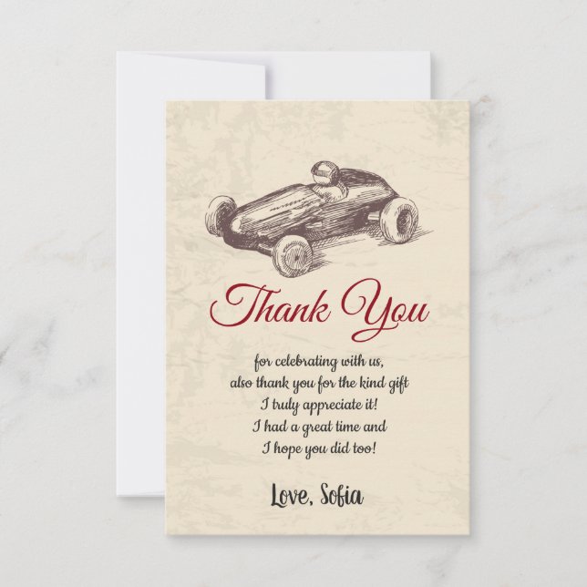 tävling bil, födelsedag, babydusch, tack kort (Framsida)