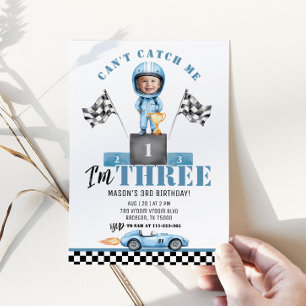 Tävling car Blue Boy 3rd Birthday Racer Photo Inbjudningar