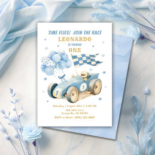 Tävling Car Blue Watercolor Boy First Birthday Inbjudningar