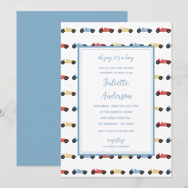 Tävling Cars Classic Blue Boy Baby Shower Inbjudningar (Fram/baksida)