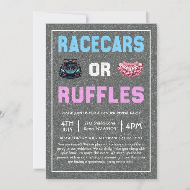 Tävling Cars eller Ruffles Gender Reveal Inbjudningar (Framsida)