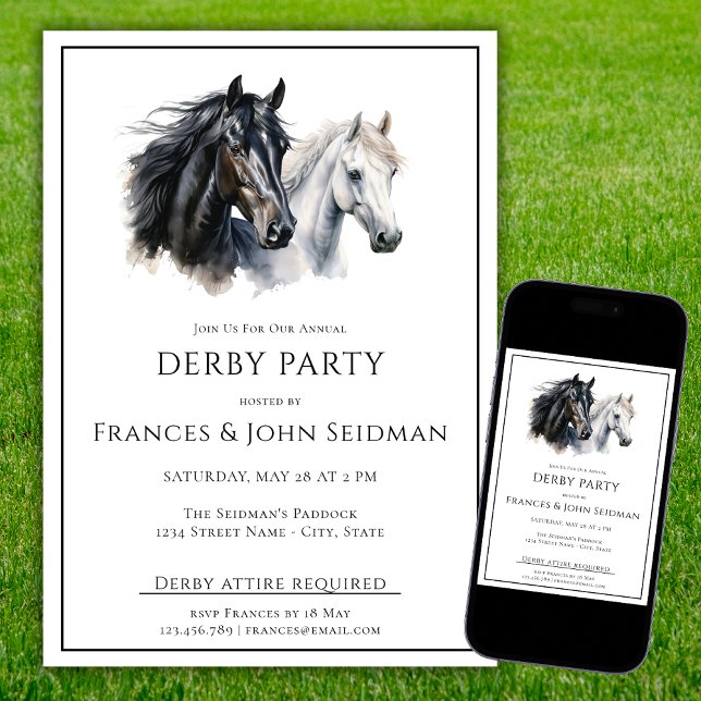 Tävling Horse Derby Party Simple Elegant Black Whi Inbjudningar (Skapare uppladdad)