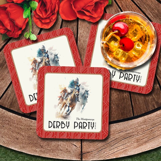 Tävling Horses Derby Party Red Square Underlägg Papper Kvadrat (Race Horses Derby Party Red Coasters)