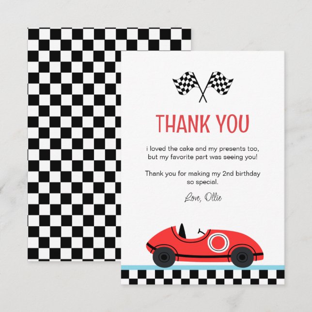 Tävling Red Car Birthday - tack, kort (Fram/baksida)