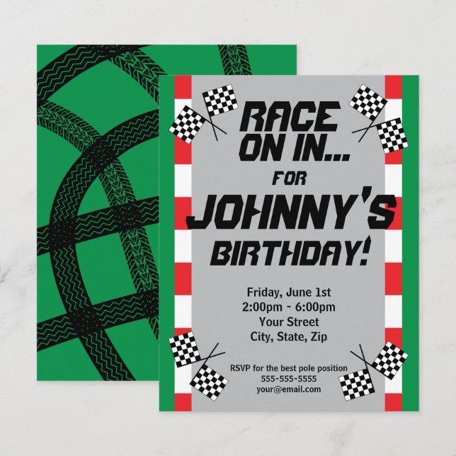 Tävling Track Birthday-inbjudan, Däck Tracks-Tävla Inbjudningar (Fram/baksida)