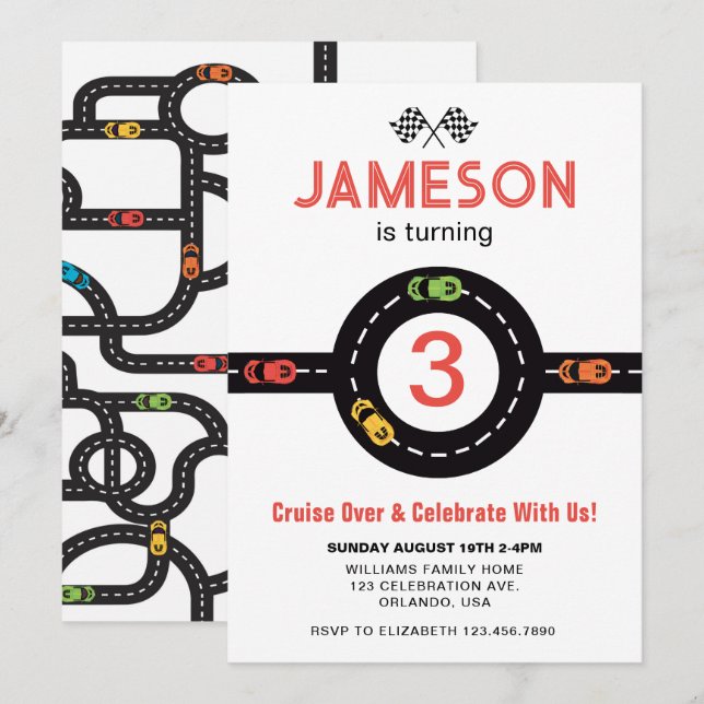 Tävling Track Boys 3:e födelsedag Röd inbjudan (Fram/baksida)