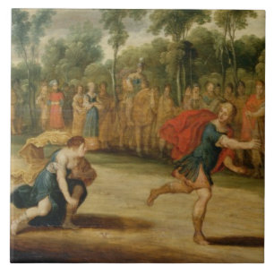 Tävlingen av Atalanta och Hippomenes (olja på Kakelplatta