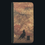 Tävlings- flickaSilhouette för trumma på en Samsung Galaxy S5 Plånboksfodral<br><div class="desc">Themed illustration för spännande och lantlig rodeo. Silhouette av en cowgirltrummatävla med henne häst. Bakgrund är busen riden ut brun och röd tonad jordnära grungestruktur. Underbar för rodeoentusiaster och hästälskare.</div>