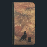 Tävlings- flickaSilhouette för trumma på en Samsung Galaxy S5 Plånboksfodral<br><div class="desc">Themed illustration för spännande och lantlig rodeo. Silhouette av en cowgirltrummatävla med henne häst. Bakgrund är busen riden ut brun och röd tonad jordnära grungestruktur. Underbar för rodeoentusiaster och hästälskare.</div>