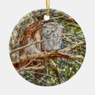 TAWNY KONST FÖR FROGMOUTHS QUEENSLAND AUSTRALIEN JULGRANSPRYDNAD KERAMIK