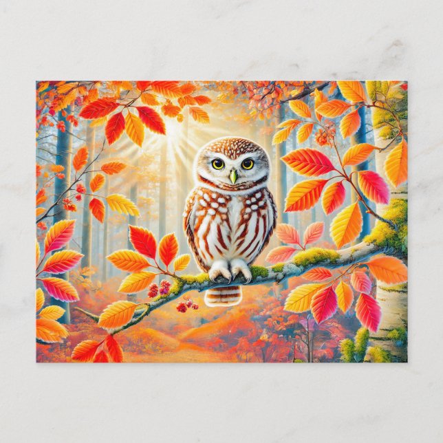 Tawny Uggla i höstskogen Helg Vykort (Framsida)
