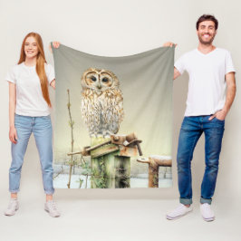 Tawny Uggla i Snö fågelart bra art vattenfärg Fleecefilt