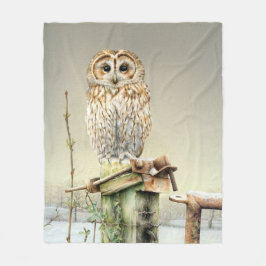 Tawny Uggla i Snö fågelart bra art vattenfärg Fleecefilt