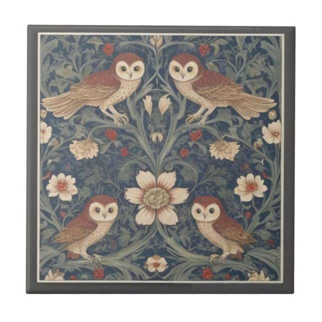 Tawny Uggla Mönster William Morris stil Ugglor Kakelplatta (Framsidan)