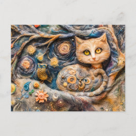 Tawny Uggla och Cat i Träd Made in Felt Technique Vykort