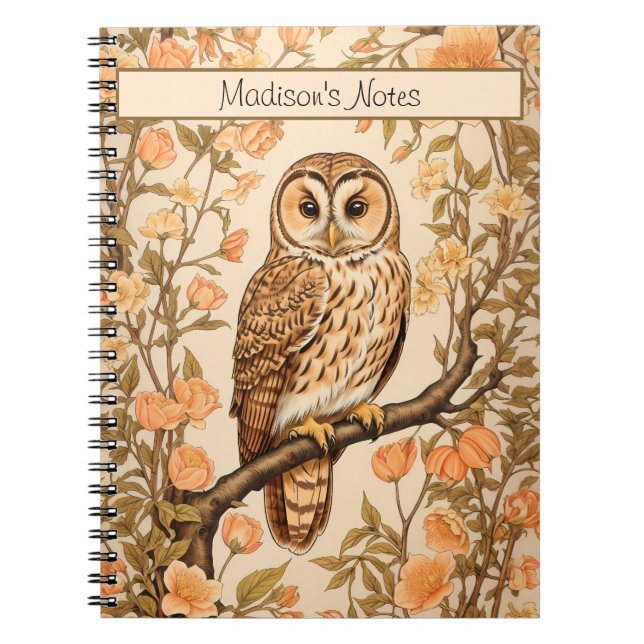 Tawny Uggla Peach Blommars William Morris Inspired Anteckningsbok (Framsidan)