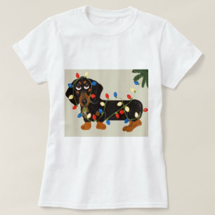 Tax Dachshund intrasslad i julgransbelysning svart Tee Shirt