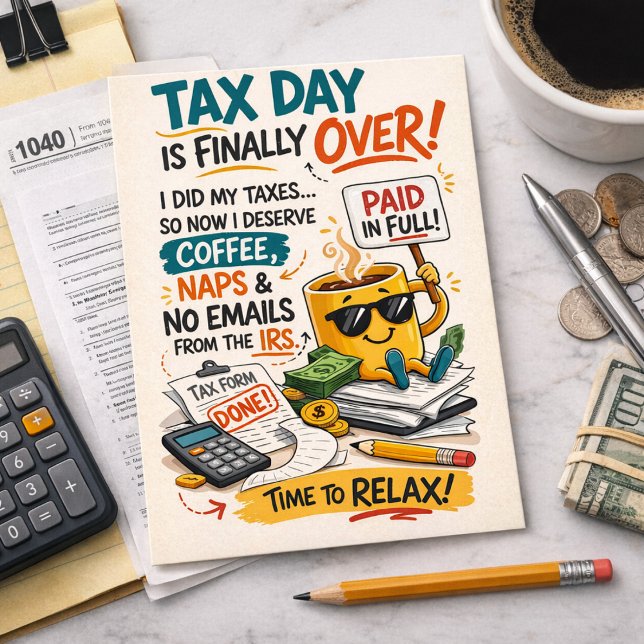 Tax Day Is Finally Over Funny Coffee Relax Vykort (Skapare uppladdad)