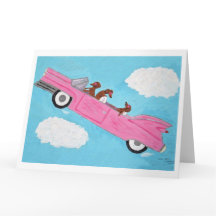 Taxar i en rosa cabriolet på himlen