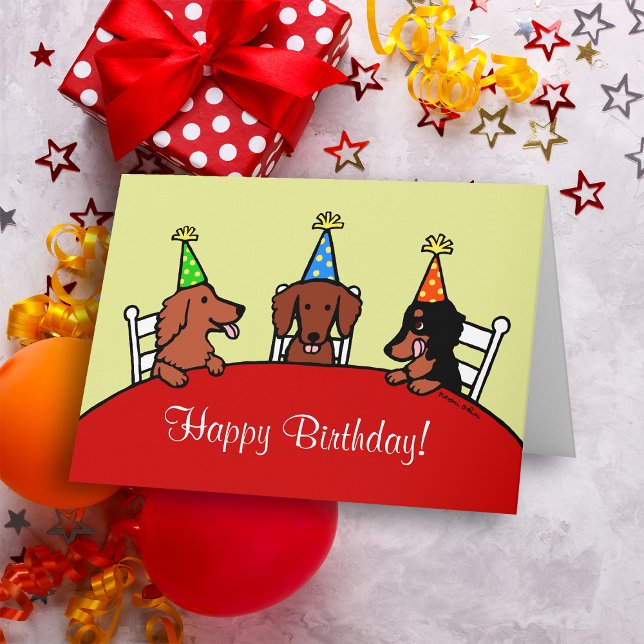 Taxfödelsedagtecknad Kort (Dachshund Cartoon Birthday Card for Dachshund Owners!  Cute three Doxie with Birthday Hats design.)