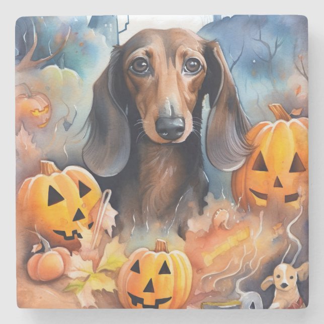 Taxhund Halloween med pumpor Skräckinjagande Stenunderlägg (Framsidan)