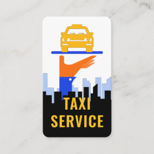 Taxi bil på serveringsfat Stadssiluett Visitkort