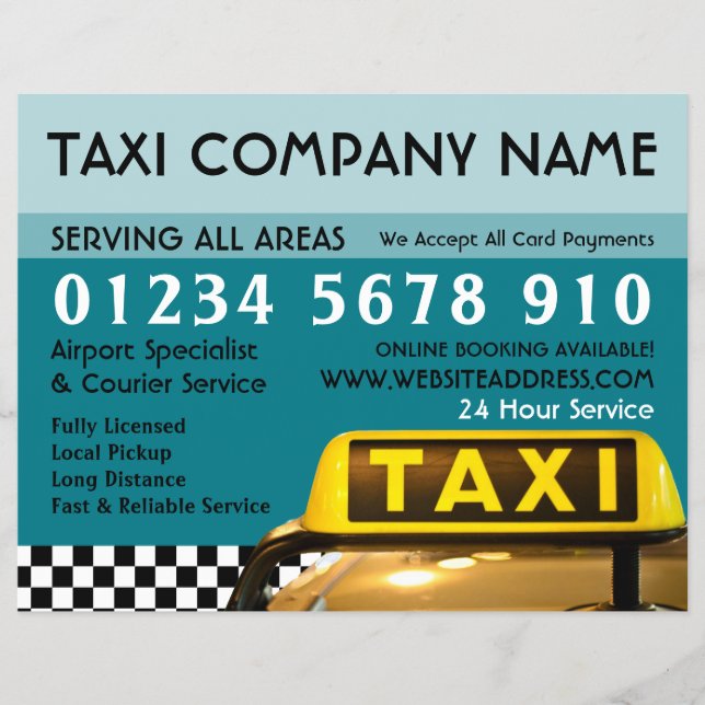 Taxi CAB-signering med Pris listreklam Reklamblad (Framsidan)