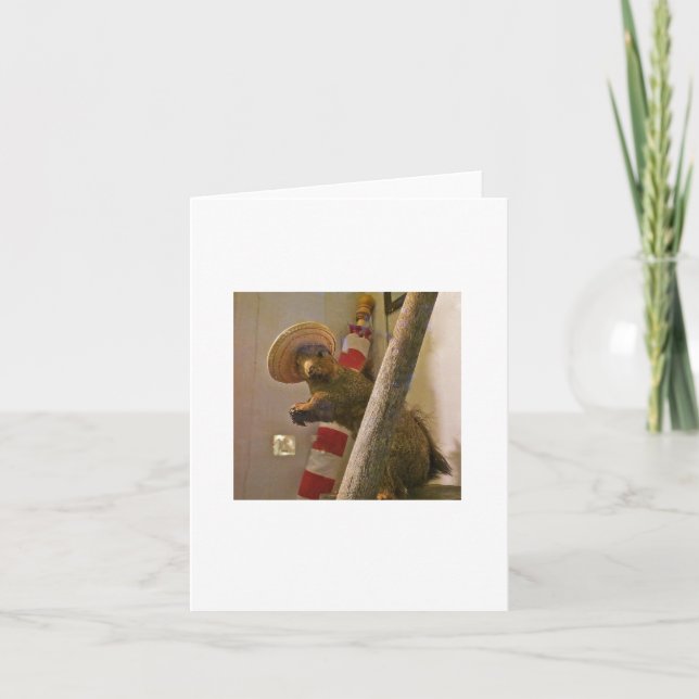 Taxidermyekorren i en hatt noterar kortet kort (Framsida)