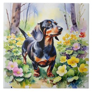 Taxigset Hund Söt Sausage Hund Vår Guldviva Blommo Kakelplatta