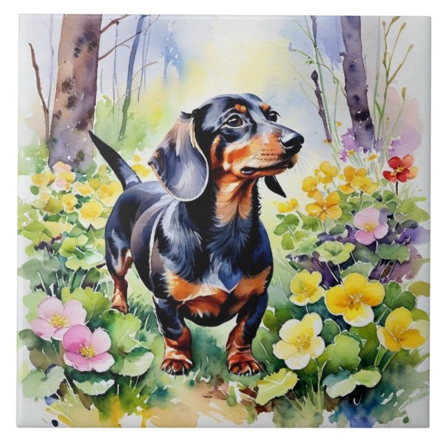 Taxigset Hund Söt Sausage Hund Vår Guldviva Blommo Kakelplatta (Framsidan)