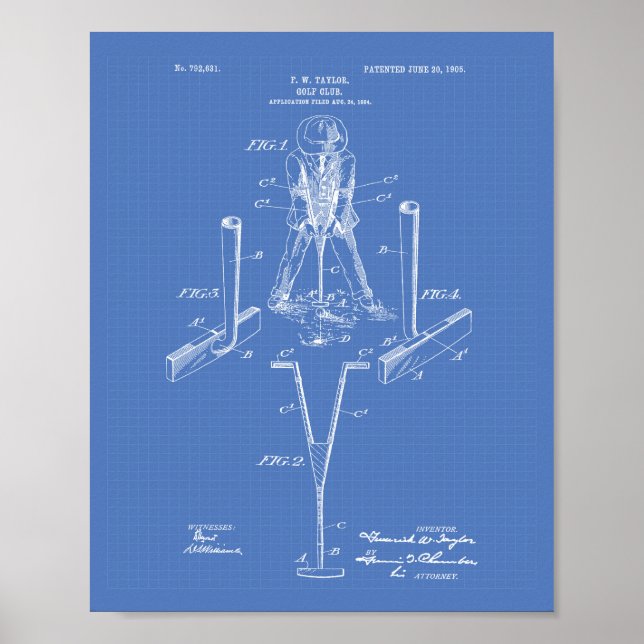 Taylor Golf Klubb 1905 Patent Art - Blueprint Poster (Framsidan)