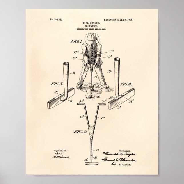 Taylor Golf Klubb 1905 Patent Art - Old Peper Poster (Framsidan)