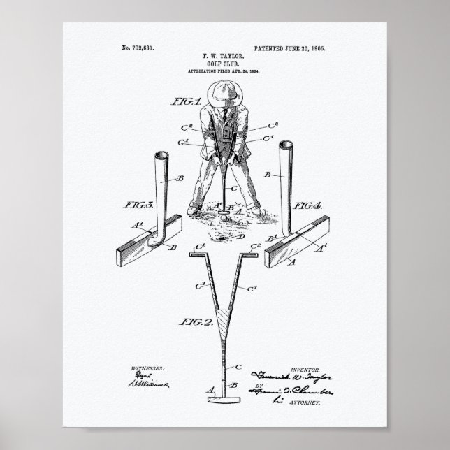 Taylor Golf Klubb 1905 Patent Art - White Papper Poster (Framsidan)