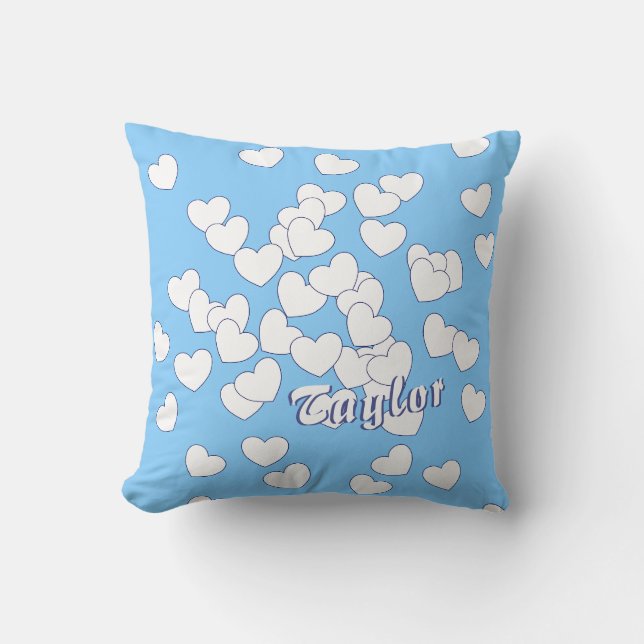 Taylor Namn Template Light Blue White Hearts Kids Kudde (Framsida)