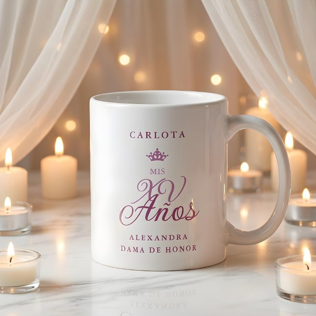 Taza De Café Romántico equipo de novias en tonos r Kaffemugg (Dama Romantic Exquisite Mis XV Spanish Calligraphy Princess Crown Coffee Mug for Court of Honor)