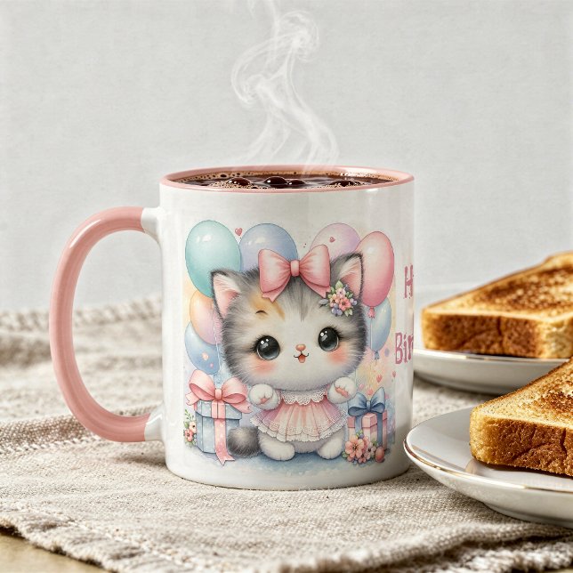 Taza de Cumpleaños con Gatito y Globos  Mugg (Skapare uppladdad)